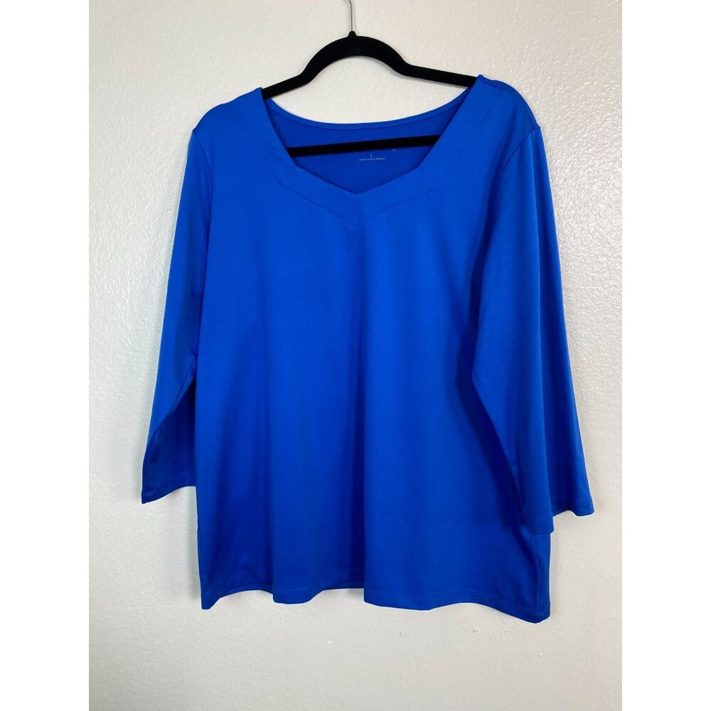 Susan Graver Essentials Womens V-Neck Blue 3/4 Sleeve Top Size Large Liquid knit